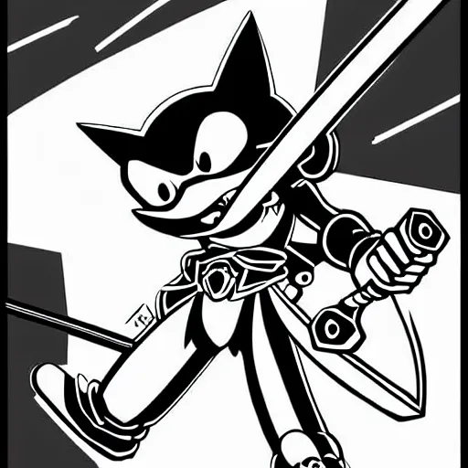 Image similar to hyper metal sonic pointing a katana sword at super mario, in a highly detailed manga style illustration, dark, cyberpunk, dystopian