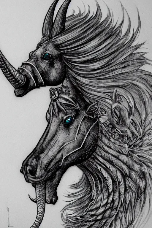 Image similar to horse with a narwhal horn, symmetrical, highly detailed, digital art, sharp focus, trending on art station, kentaro miura manga art style