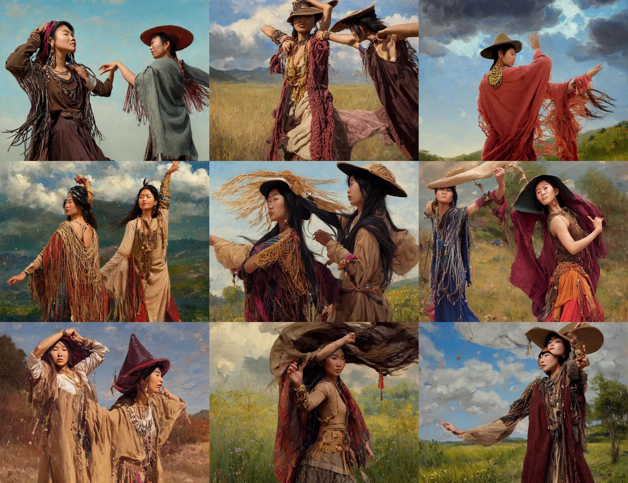 Prompt: portrait of medieval farmer fashionable young asian woman with wooden jewelry, frantic dancing pose, back view, mediterranean features, wearing rich jewerly and hat and boho poncho, shaman witch, fantasy character close up portrait, extremely strong wind, thunder clouds in the sky, artwork by Jeremy Lipkin and Giuseppe Dangelico Pino and Michael Garmash and rob rey, levitation, industrial rusty pipes, simple form, brutal shapes