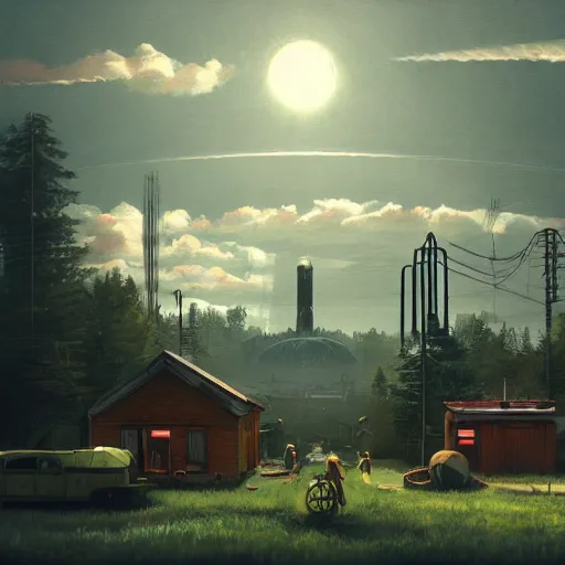 Image similar to An atompunk buildings with the sun shining through the clouds in utopia by Simon Stålenhag and Greg Rutkowski,In style of Grant Wood.hyper detailed,8K Resolution,unreal engine 5,Ray Tracing,highly realistic.trending on Artstation