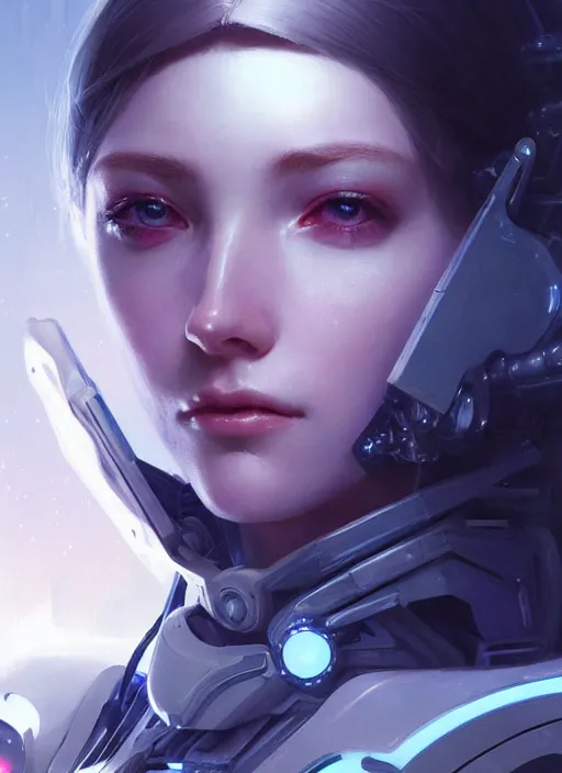 Image similar to close up pale woman in sci - fi bionic armor, looking at the camera very intensely, stoic, sparkling eyes, extremely beautiful and aesthetic and attractive detailed face and body, intricate, chiaroscuro, model pose, fantasy illustrations, light novel cover art, by makoto shinkai and jeremy lipking and ferdinand knab