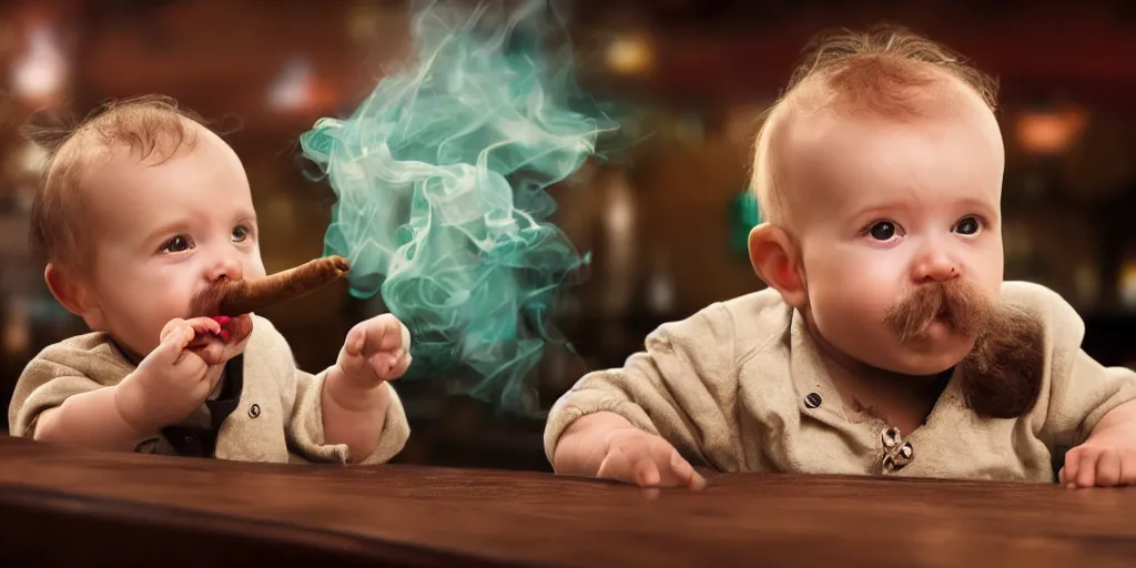 Prompt: a phtorealistic of weird baby with a beard and mustache smoking a big cigar in a bar
