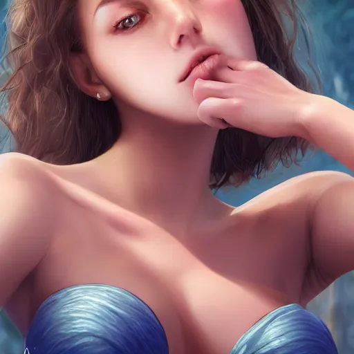 Image similar to a cute girl, photo, ultra detail, photoreal, professionally retouched, soft moonlight lighting, shiny plastic bikini, realistic, smooth face, goddess, luscious lips, perfect eyes, wide angle, sharp focus on eyes, 8 k high definition, insanely detailed, intricate, elegant, art by artgerm and wlop
