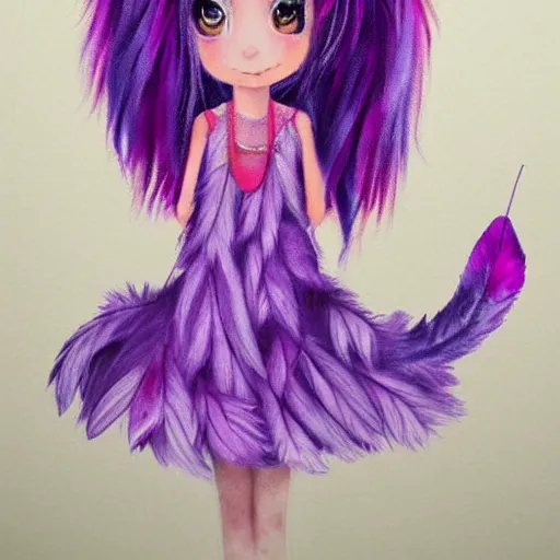 Image similar to little girl with eccentric pink hair wearing a dress made of purple feather, art by dcwj