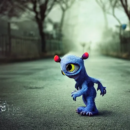 Image similar to a cute little monster walking with a little baby, friends, portrait, pixar style, abandoned environment, cinematic lighting, award winning creature portrait photography