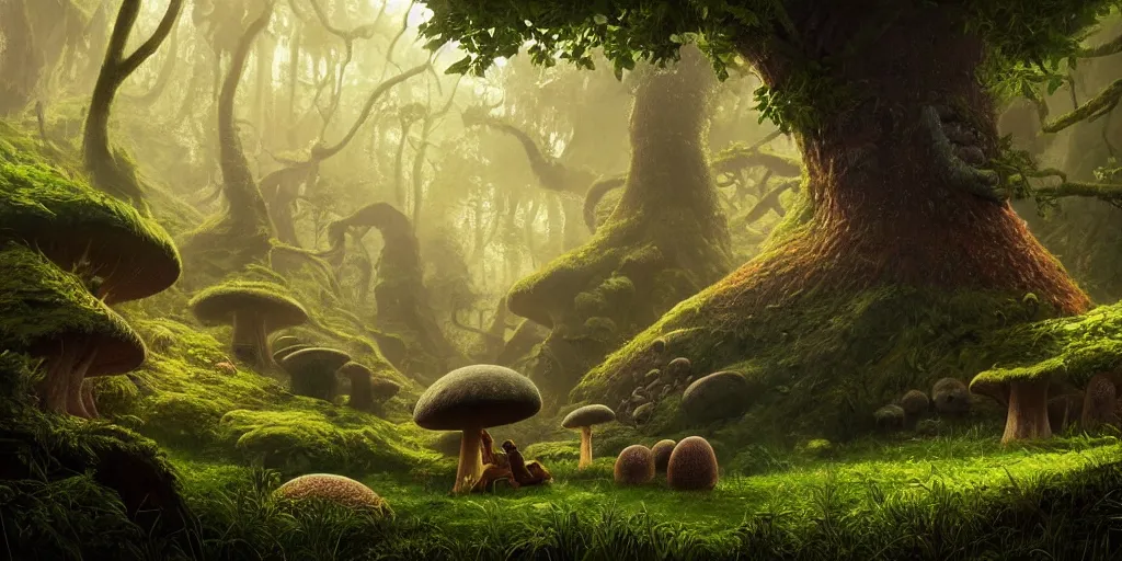 Prompt: Artwork by Filip Hodas of the cinematic view of the Forest of the Giants, a troll is eating a giant mushroom.