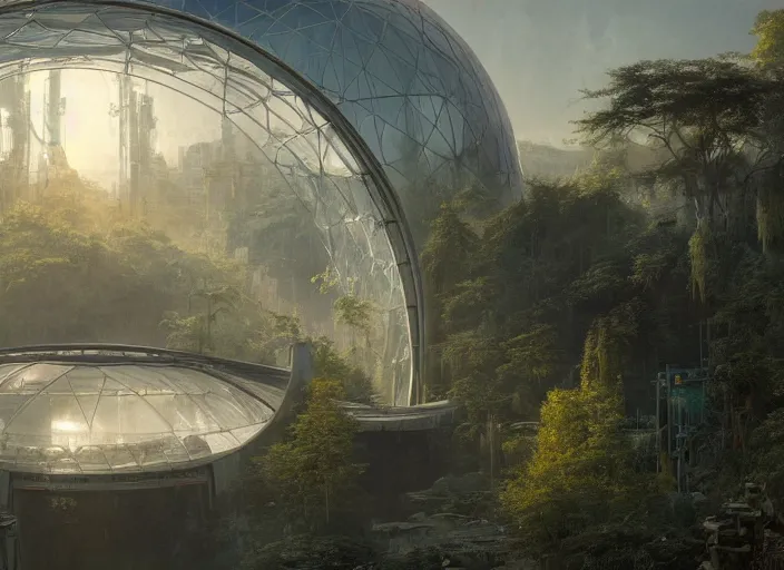 Image similar to highly detailed digital matte painting of a beautiful biodome, by Raphael LaCoste and Ruan Jia and Robert McCall, postcyberpunk, geodesic dome, hyperdetailed, sunrise, wide shot, autochrome, octane render