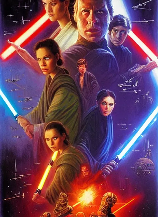 Image similar to epic cinematic poster artwork for featuring portraits for lost star wars film end of an empire ( 1 9 9 0 ), moody painting by drew struzan, beautiful backlit, colorful, iconic composition, epic award winning, artstation, extremely detailed, flare, photorealistic, 4 k