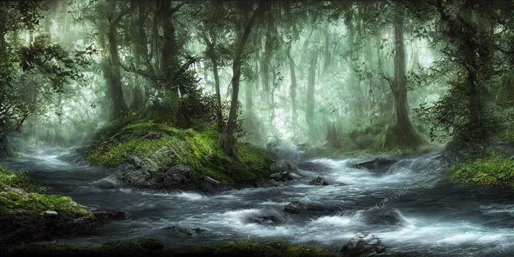 Prompt: beautiful matte painting of river in forest, fantasy
