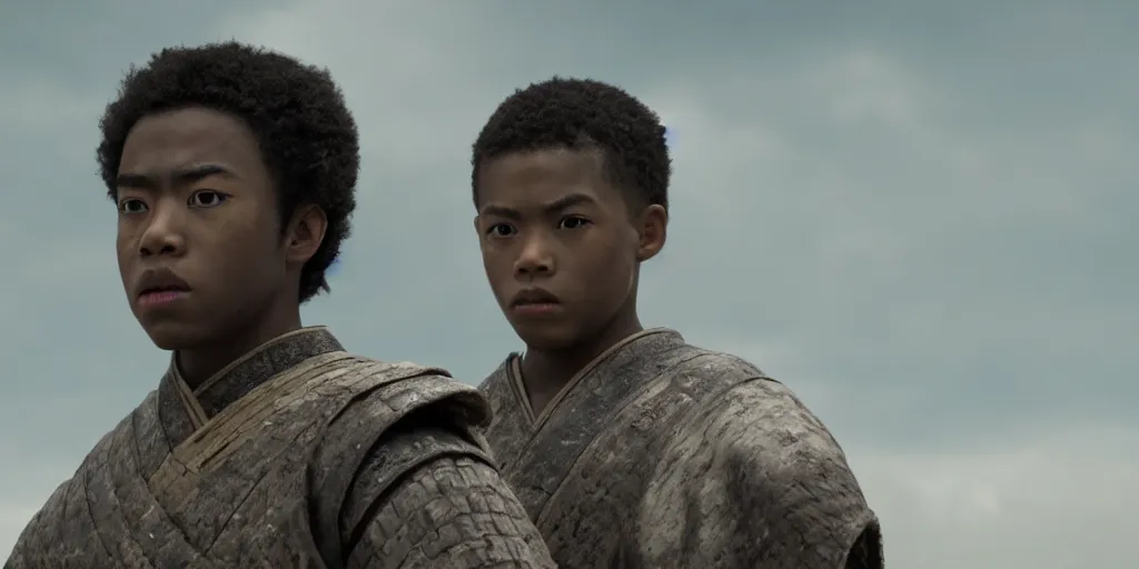 Image similar to a film still of a black boy starring in a japanese blockbuster film as ancient samurai, intense, shallow depth of field, cinematic, award winning cgi, vfx, film still
