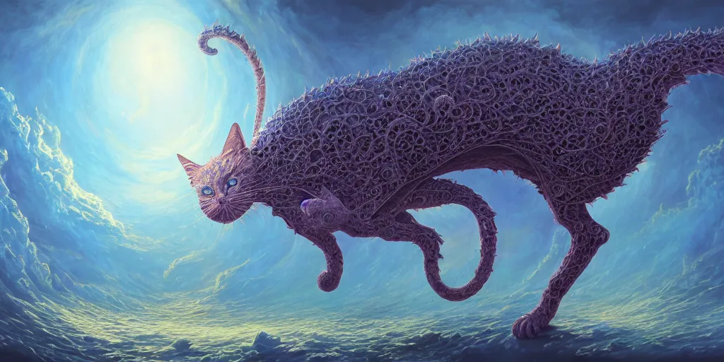 Prompt: A realistic painting of The Creation Cat and its Palace on blue flowers, in the style of Krenz Cushart, Moebius, and Muchain, Prismatic, Rococo, highly detailed, masterpiece, dreamy, award-winning, sharp focus, concept art, Cinema lighting, 8k, trending on artstation