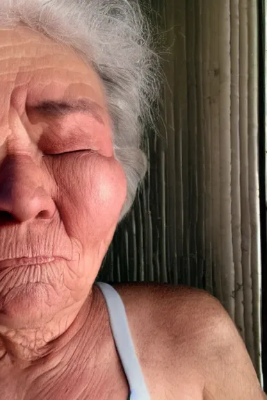 Image similar to an old grandma squinting because she accidentally took a selfie with the flesh on