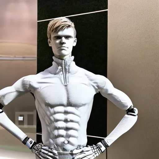 Image similar to a realistic detailed photo of a guy who is an attractive humanoid who is half robot and half humanoid, who is a male android, soccer player martin ødegaard, shiny skin, posing like a statue, blank stare, by the pool, on display, showing off his muscles, humanoid robot, frozen ice statue