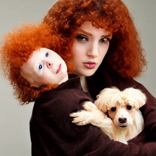 Image similar to a beautiful pale woman with orange hair holding both a curly headed baby boy and also a brown poodle, in the style of salvador dahli