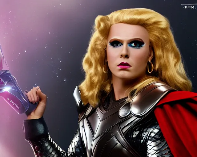 Image similar to thor as a drag queen, cinematic shot, 8k resolution, hyper detailed