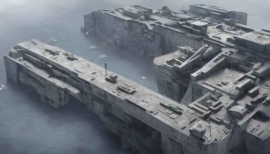 Image similar to big brutalist imperial military base on cliffs, drawing architecture, very long shot, top angle, imperial architecture in rogue one, pritzker architecture prize, brutalism architecture, jan urschel, roger deakins