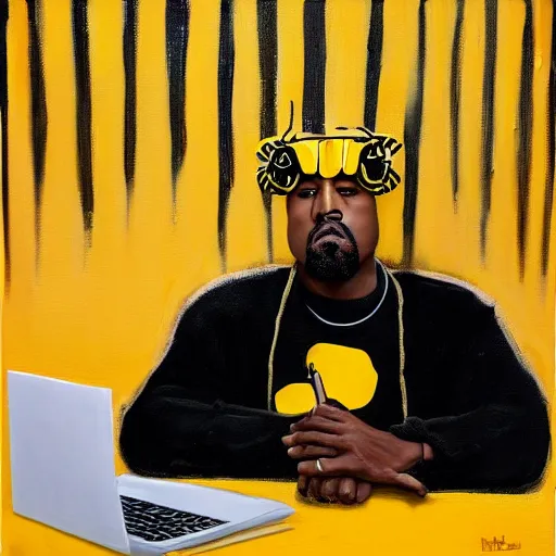 Image similar to kanye west in a bumblebee costume drinks coffee in front of a laptop, highly detailed, masterpiece, renaissance, oil on canvas