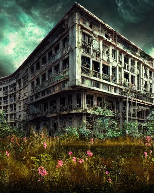 Image similar to a beautiful photorealistic illustration of city unfinished building abandoned establishment by odile decq, darkacademia infrared cyberpunk at dawn anime forest reclaimed by nature lake meadow myst retrowave flowers lightpaint hyperrealism nature thermal imaging, archdaily, wallpaper, highly detailed, trending on artstation.