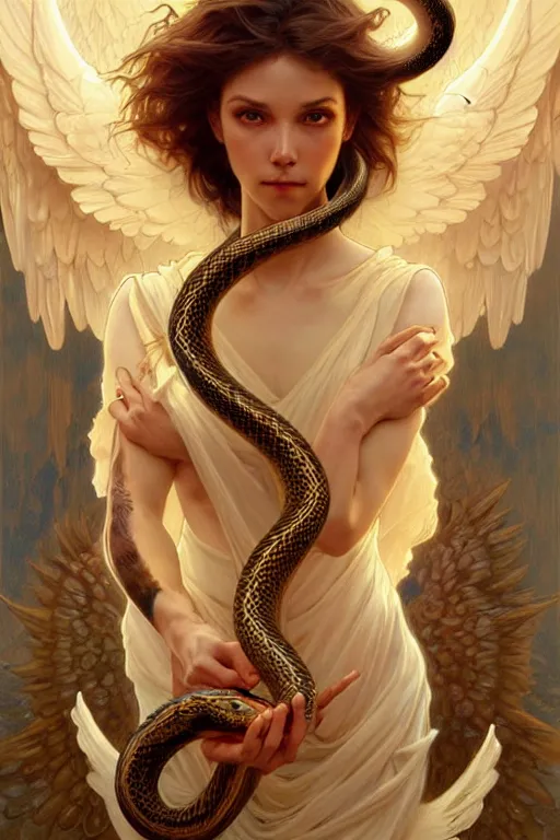 Prompt: group of angels dancing with snakes, fantasy, amber eyes, face, long hair, intricate, elegant, highly detailed, digital painting, artstation, concept art, smooth, sharp focus, illustration, art by artgerm and greg rutkowski and alphonse mucha