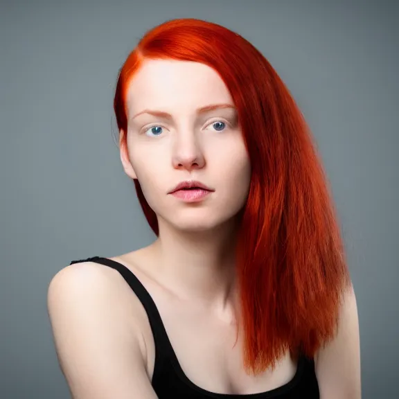 Image similar to portrait of a plain looking young white female model red hair and uneven skintone and a round shaped face