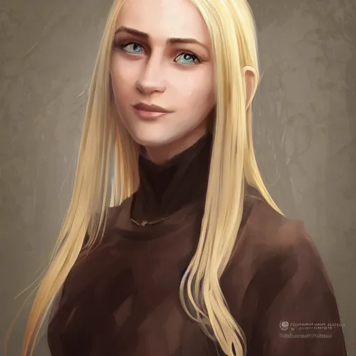 Prompt: portrait, 3 0 years old women, short neck : : fantasy : : long straight blonde hair, beeing happy, smiling, pointy ears : : attractive, symmetric face : : brown medieval cloting, natural materials : : high detail, digital art, rpg, concept art, illustration