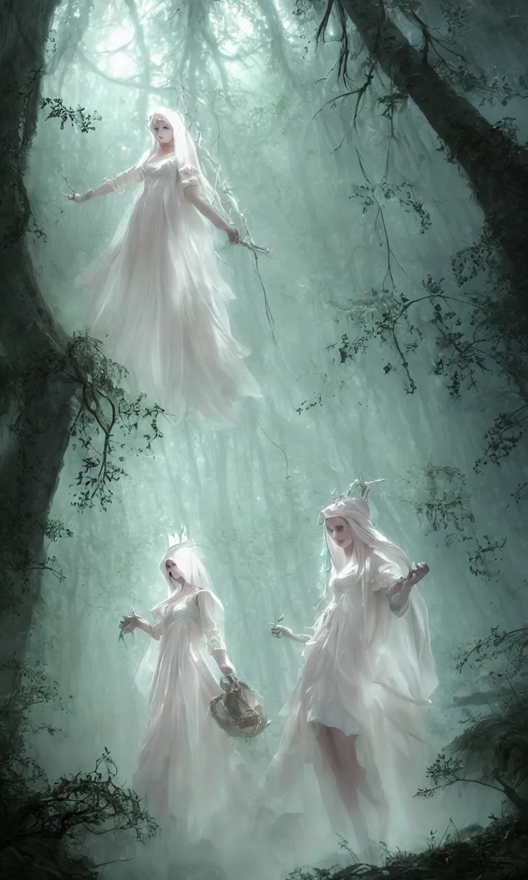 Image similar to beautiful pastel witch dress in white in a glade in a misty path of the ancient forest at dusk., wearing veil with rococo ornaments, atmospheric, in a spotlight, character design, concept art, cinematic, beautiful lighting, hyper details, beatiful art by Lêon François Comerre, Craig Mullins, Peter Mohrbacher, red and cream, artstation, unreal engine, highly detailed environment HD, Maxon Cinema 4D render, 8K, dark beauty, by Jean-Baptiste Regnault, agostino arrivabene, Botticelli and, Fabio Timpanaro, samori, rubens, trending on artstation