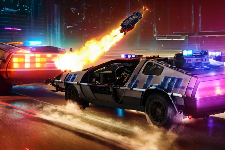 Image similar to photo of the back to the future battle combat machine gun delorean being chased by police on wet cyberpunk city streets at night, rocket league tank, mad max, action, speed, volumetric lighting, hdr, gta 5, syd mead, craig mullins, cinematic, fast and furious, octane, 8 k, iso 1 0 0, 1 2 mm