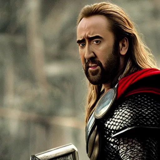 Prompt: film still of Nic Cage as Thor in Thor Love and Thunder