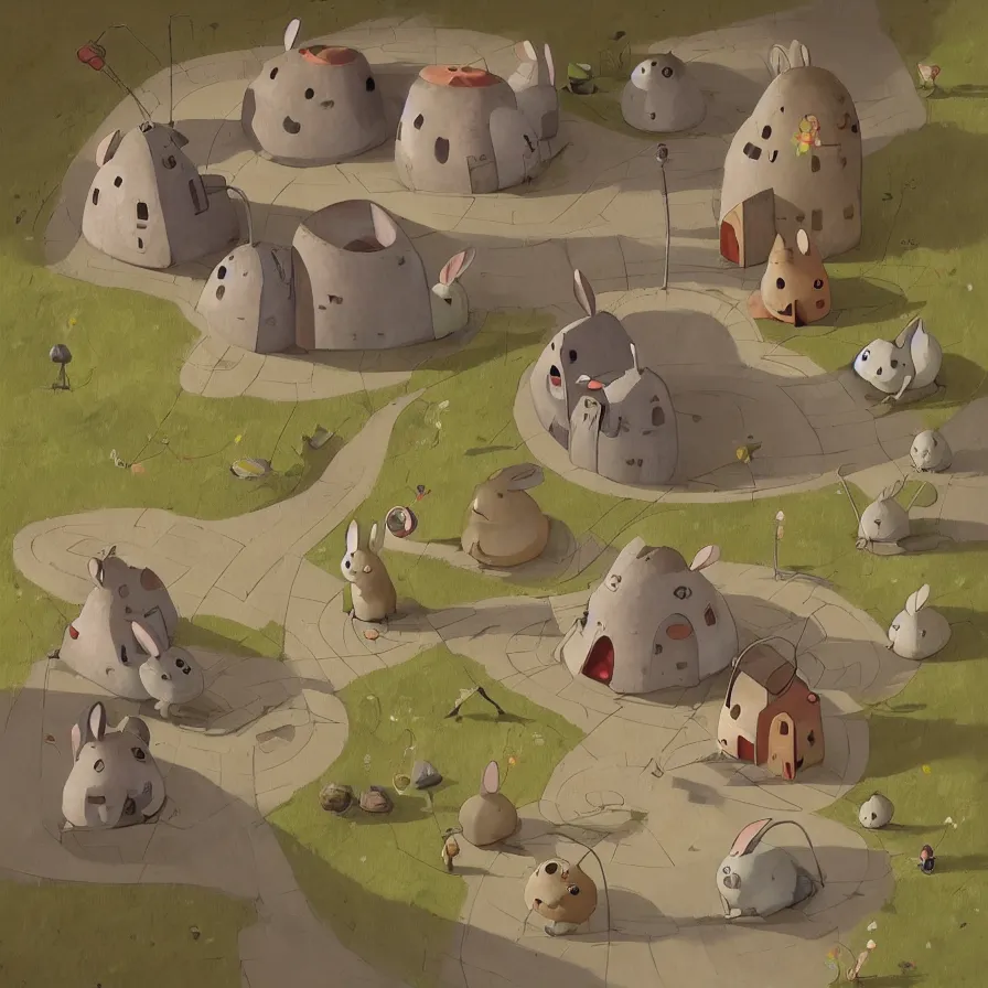 Image similar to Goro Fujita illustrating View of the house of an underground rabbit, with all the labyrinths that communicate with each other, art by Goro Fujita, ArtStation