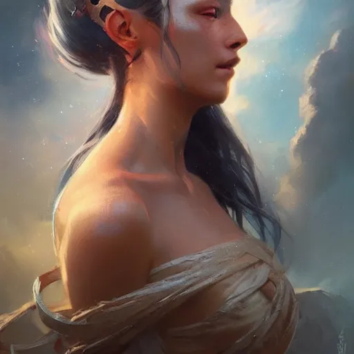 Image similar to a beautiful portrait of a sky goddess by Greg Rutkowski and Raymond Swanland, Trending on Artstation, ultra realistic digital art