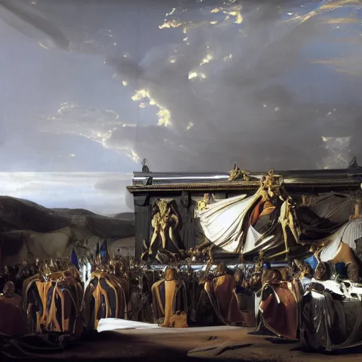 Image similar to full lenght sci-fi truck in the coronation of napoleon painting by Jacques-Louis David and point cloud in the middle and everything in form of zaha hadid architects artwork by caravaggio unreal engine 5 keyshot octane lighting ultra high detail ultra hyper realism 8k 16k in plastic dark tilt shift full-length view