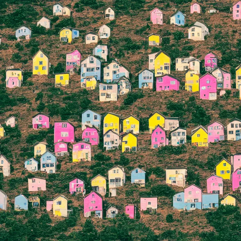 Image similar to little boxes on the hillside little boxes made of ticky tacky little boxes on the hillside little boxes all the same there's a pink one and a green one and a blue one and a yellow one, 3 5 mm photography