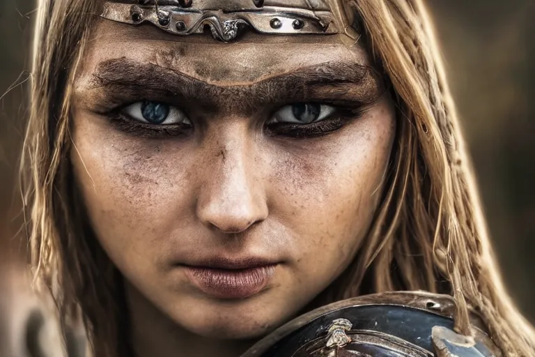 Prompt: close - up photo of a beautiful warrior princess in a battle scene, detailed eyes, shallow depth of field, photorealistic, cinematic lighting, warm colours, dusk