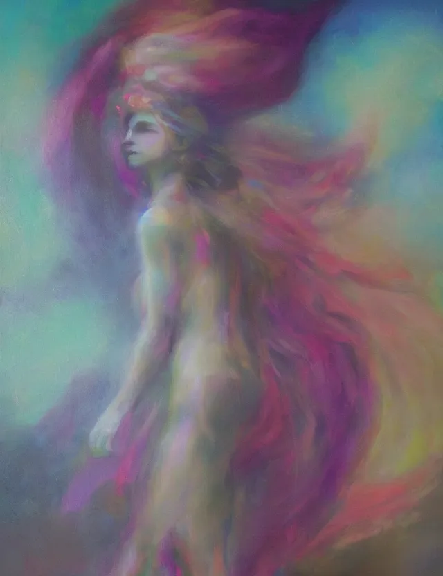 Prompt: mercurial goddess stepping out of the mists of a dream lunar mythos classical beauty, oil painting award winning, chromatic aberration