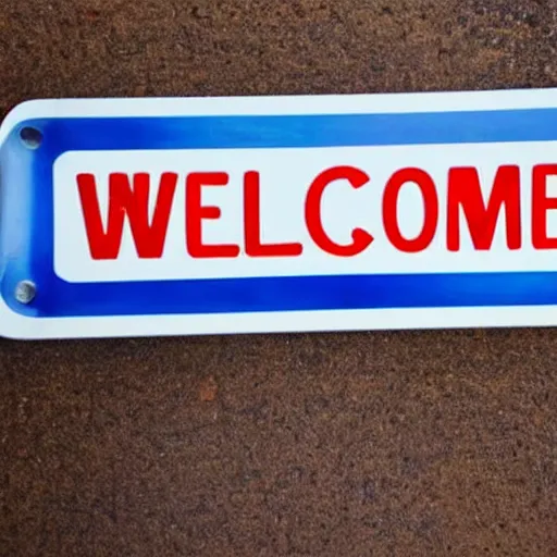 Prompt: a sign that says'welcome'in front of an oven