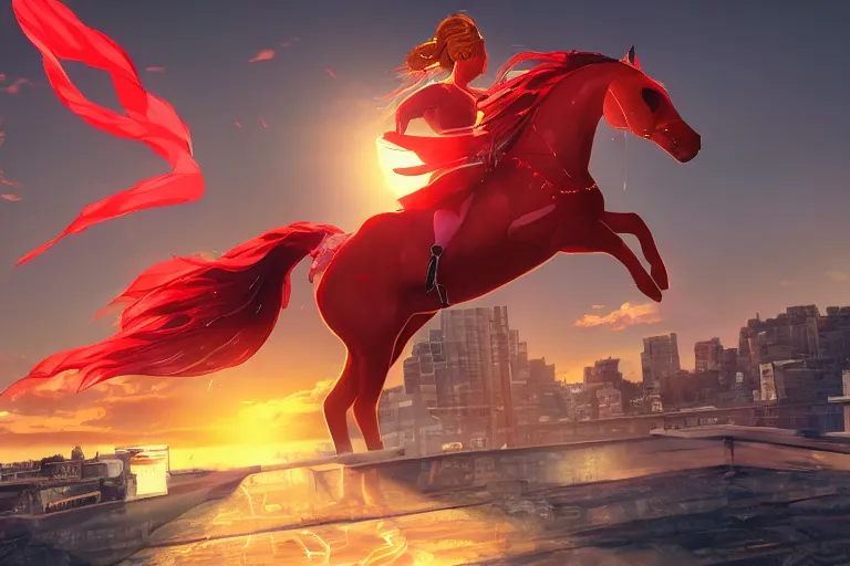 Image similar to beyonce dressed as a ninja riding a red horse is attacking an powerful goddess on a harlem rooftop, highly detailed, 4k resolution, lighting, anime scenery by Makoto shinkai