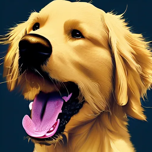 Image similar to portrait of a fluffy golden retriever dog, happy with his mouth open, D&D, fantasy, intricate, cinematic lighting, highly detailed, digital painting, artstation, concept art, smooth, sharp focus, illustration, art by Generate Labs and Kenichi Nishida