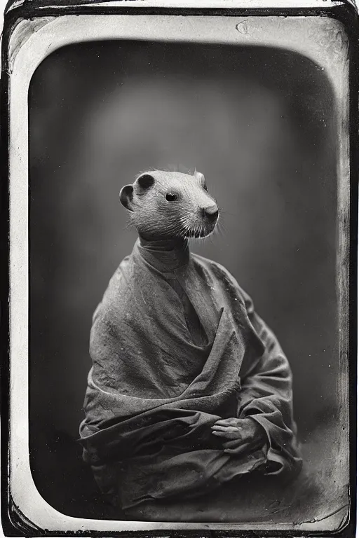 Image similar to a wet plate photo of a weasel monk