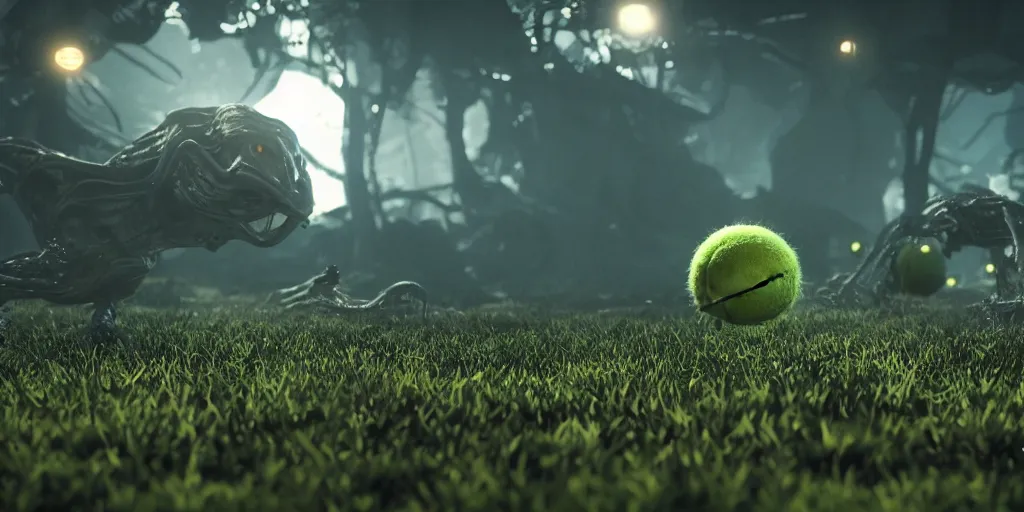 Image similar to a cinematic poster photo of 8 k ultra realistic tennis ball monsters, exotic, cinematic lighting, trending on artstation, 4 k, hyperrealistic, focused, high details, unreal engine 5, cinematic, alien planet atmosphere in background, 3 d render