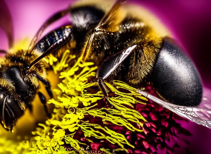 Prompt: super macro of a mechanical bee drinking from a flower in the forest. fantasy horror cyberpunk style. highly detailed 8 k. intricate. nikon d 8 5 0 3 0 0 mm. award winning photography.