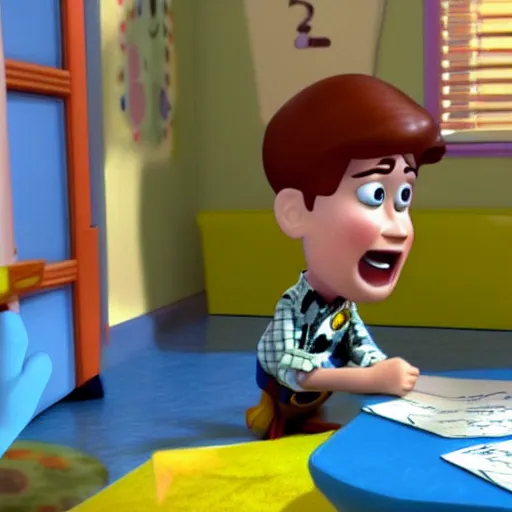 Image similar to hyper child with overactive imagination receiving behavioral therapy. CGI graphics from Toy Story 2 (1999). DreamWorks graphics. 3d
