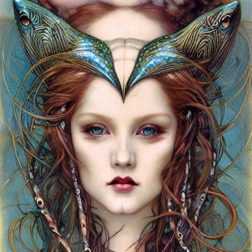 Prompt: realistic detailed face and body portrait of a mermaid with a fish tale by gerald moira, ayami kojima, amano, greg hildebrandt, ann long, and sandra ovenden, female, feminine, art nouveau, victorian, neo - gothic, gothic, character concept design