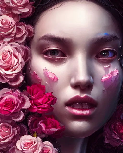 Image similar to portrait of a female face with roses instead of eyes. roses, intricate abstract upper body intricate artwork, by tooth wu, wlop, beeple, dan mumford. concept art, octane render, deviantart, greg rutkowski, cinematic arthouse, key art, hyper realism, iridescent accents