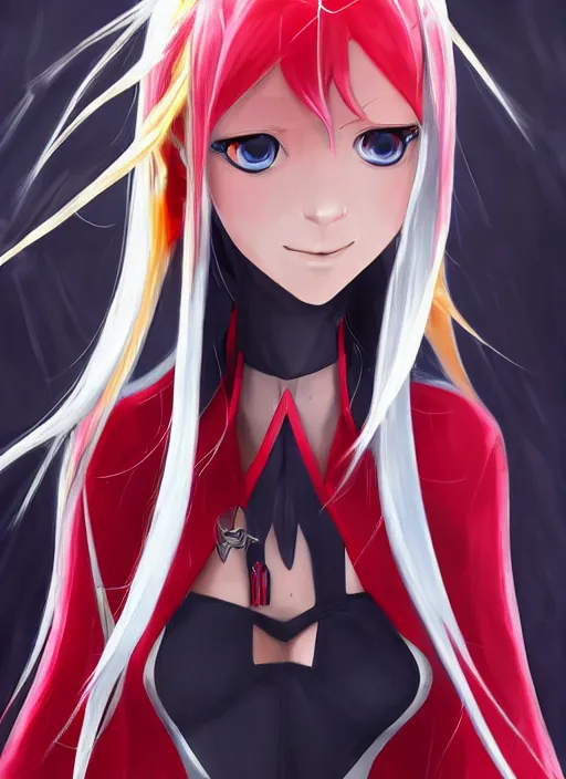 Image similar to Zero two from Darling in the Franxx, portrait, fantasy, medieval, vivid colors, fantasy, elegant, concept art, sharp focus, beautiful face, digital art, Hyper-realistic, 4K, Unreal Engine, Highly Detailed, HD, Dramatic Lighting by Brom, trending on Artstation