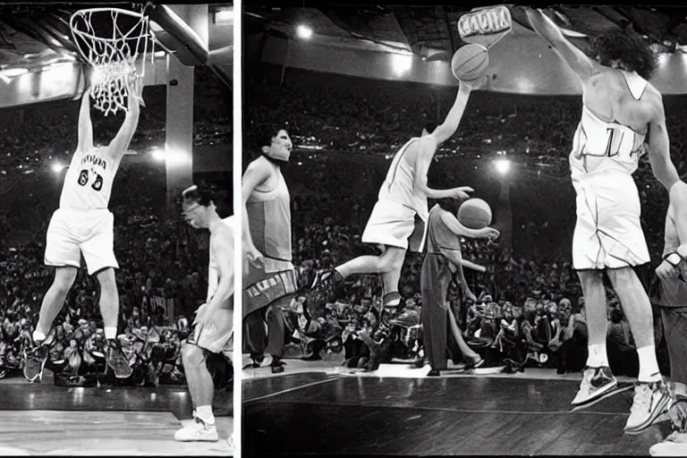 Prompt: peter dinklage dunking a basketball nba slam dunk contest 1 9 9 8, in the style of eugene atget and peter witkin