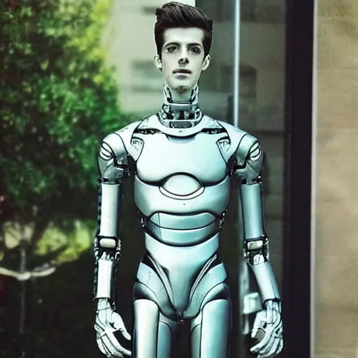 Image similar to “a realistic detailed photo of a guy who is an attractive humanoid who is half robot and half humanoid, who is a male android, actor Grant Gustin, shiny skin, posing like a statue, blank stare, by the pool, on display”