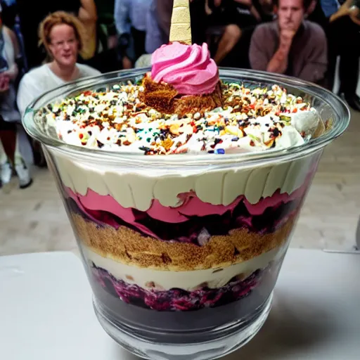 Prompt: tallest ice cream sundae trifle ever, surrounded by crowd, flash photography