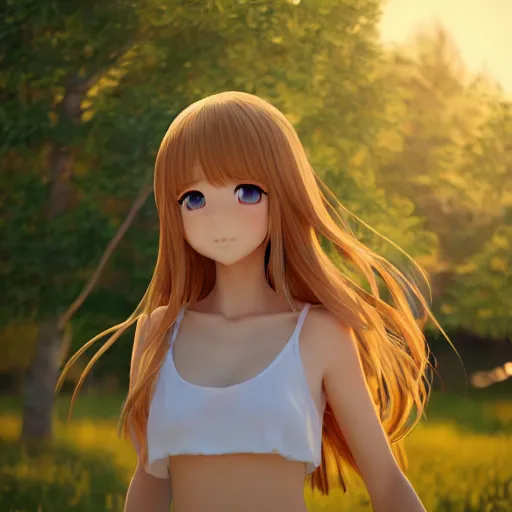 Image similar to Render of a very beautiful 3d anime girl, long hair, hazel eyes, cute freckles, full round face, short smile, cute sundress, golden hour, serene lake setting, medium shot, mid-shot, highly detailed, trending on Artstation, Unreal Engine 4k