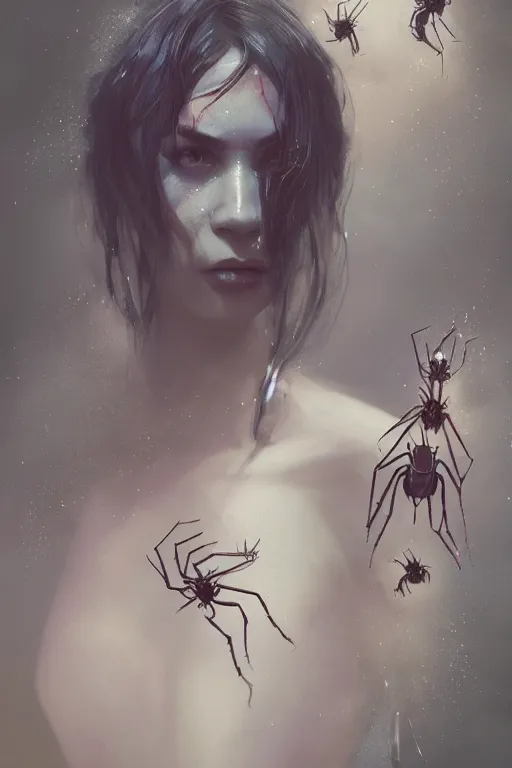 Image similar to A fancy portrait of a half women half spider creature by Greg Rutkowski, beeple, Sung Choi, Mitchell Mohrhauser, Maciej Kuciara, Johnson Ting, Maxim Verehin, Peter Konig, Bloodborne, 8k photorealistic, cinematic lighting, HD, high details, dramatic, dark atmosphere, trending on artstation