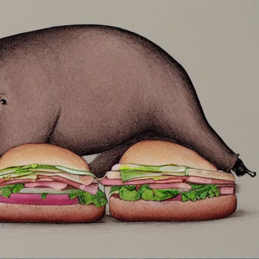 Image similar to line drawing of a pig in between two buns as a sandwich, outside art